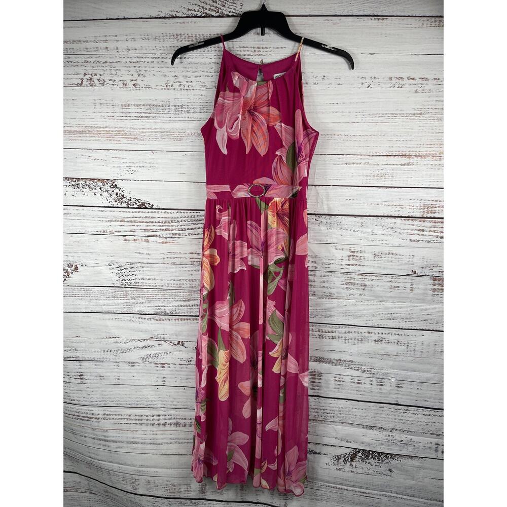 Alexa B Nites Dress Women's SZ 6 Pink Floral Pleated Maxi Sleeveless Belted